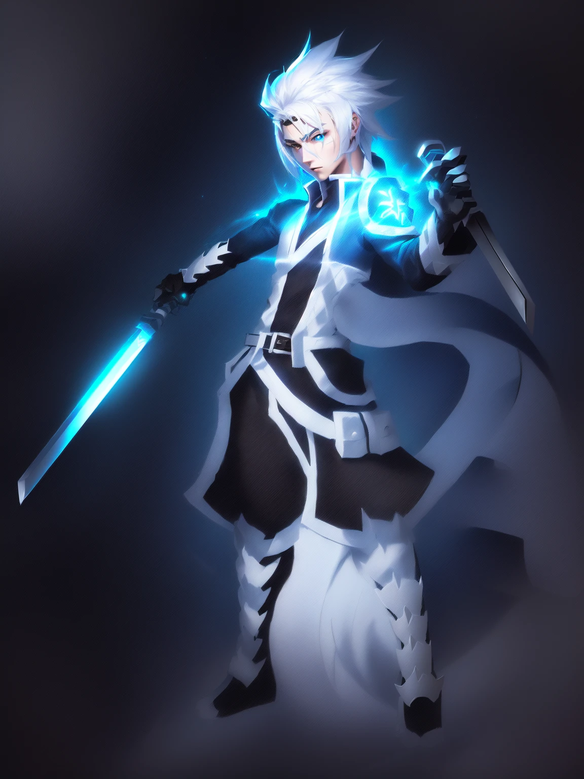 sketches of a drawing of a androgynous young boy with 2 swords, an anime drawing, detailed fanart, hero 2d fanart artsation, ( ( character concept art ) ), anime drawing, game art!!, with out shading, anime shading), dramatic wielding sword pose, anime shading, white hair, glowing blue eyes, pale skin, black ninja pants, black vest, blue belts, short blue jacket, very long ponytail