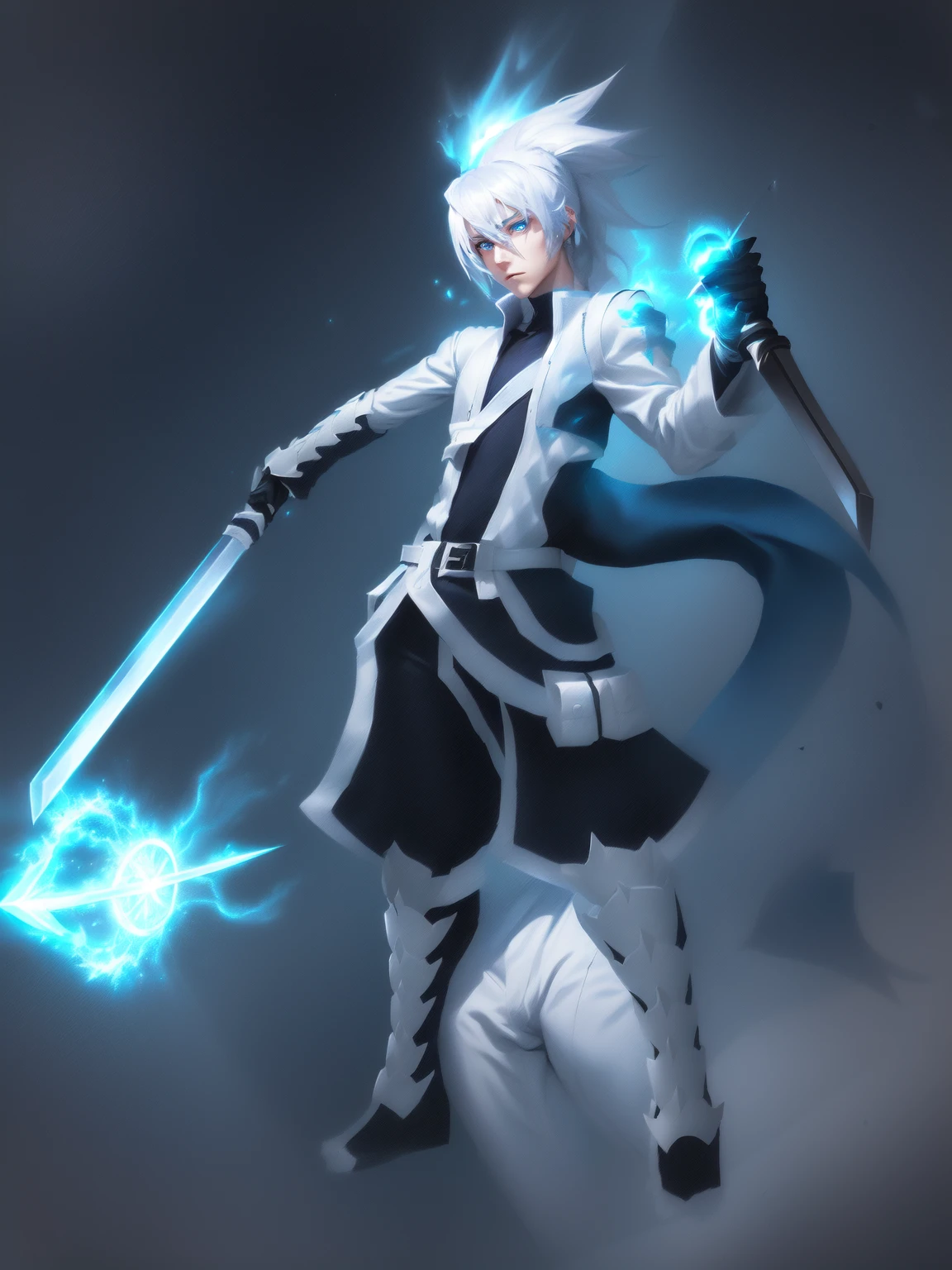 sketches of a drawing of a androgynous young boy with 2 swords, an anime drawing, detailed fanart, hero 2d fanart artsation, ( ( character concept art ) ), anime drawing, game art!!, with out shading, anime shading), dramatic wielding sword pose, anime shading, white hair, glowing blue eyes, pale skin, black ninja pants, black vest, blue belts, short blue jacket, very long ponytail 