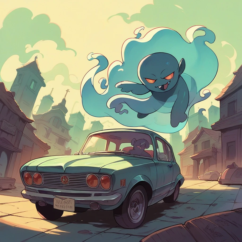 Retro car, girl, ghost ,fantasy music scale