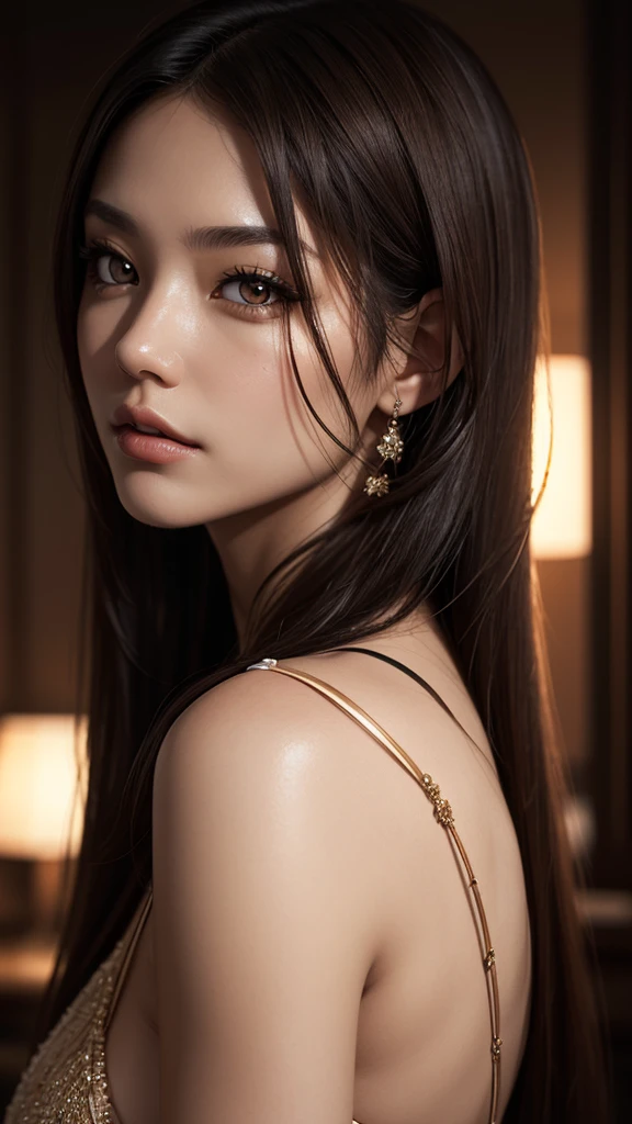 sexy japan woman, posing, voluminous breast, a 25 year old woman, divine face, beauty face, high detail, beauty lips, photorealistic, ultrarealistic, background, rtx on, Color Grading, Perspective, Depth of Field, Field of View, Tonal Colors, 8K, Full-HD, Perfectionism, Rim Lighting, Natural Lighting, Soft Lighting, Accent Lighting, Diffraction Grading, hot woman , super detailed, (( Detailed beautiful brown eyes )) , blavk hair , long straight  hair, ( An expensive dress )