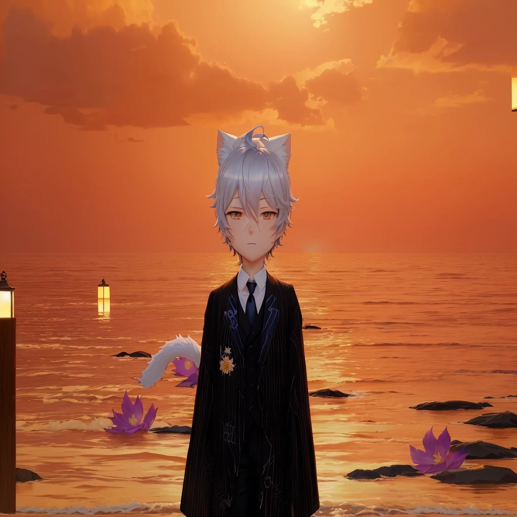 An animation character wearing a suit and tie standing in front of the water, inspired by Okumura Togyu, ((Dressed in aristocratic robes)), Neferpitu, vrchat, Boy with cat ears and tail, Sora like a cat, with sunset, inspired by Okumura Masanobu, ((sunset)), silver eyes full body