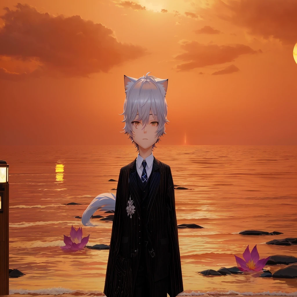 An animation character wearing a suit and tie standing in front of the water, inspired by Okumura Togyu, ((Dressed in aristocratic robes)), Neferpitu, vrchat, Boy with cat ears and tail, Sora like a cat, with sunset, inspired by Okumura Masanobu, ((sunset)), silver eyes full body