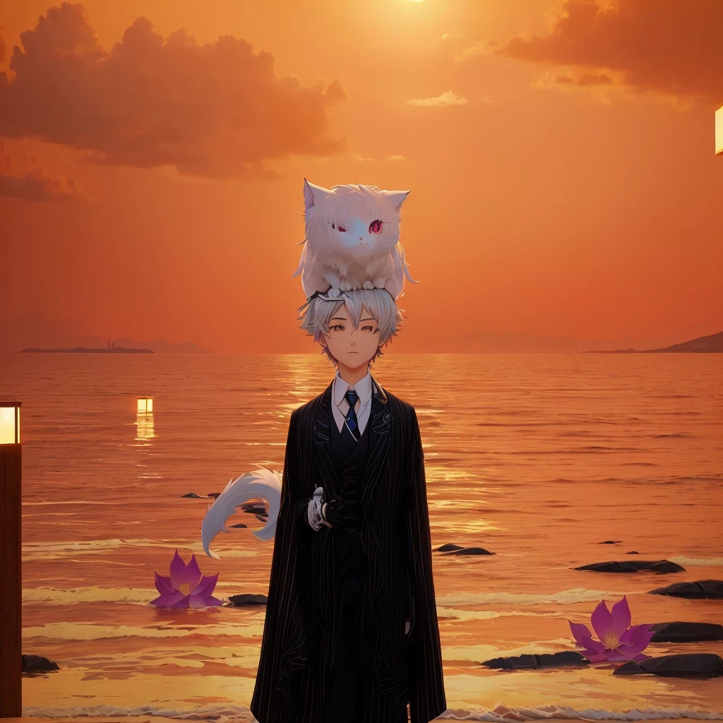 An animation character wearing a suit and tie standing in front of the water, inspired by Okumura Togyu, ((Dressed in aristocratic robes)), Neferpitu, vrchat, Boy with cat ears and tail, Sora like a cat, with sunset, inspired by Okumura Masanobu, ((sunset)), silver eyes full body