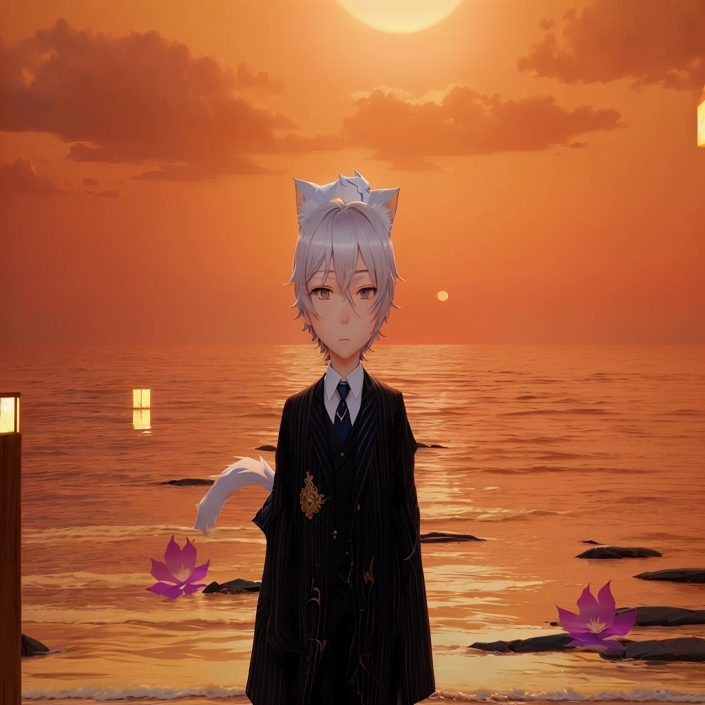 An animation character wearing a suit and tie standing in front of the water, inspired by Okumura Togyu, ((Dressed in aristocratic robes)), Neferpitu, vrchat, Boy with cat ears and tail, Sora like a cat, with sunset, inspired by Okumura Masanobu, ((sunset)), silver eyes full body