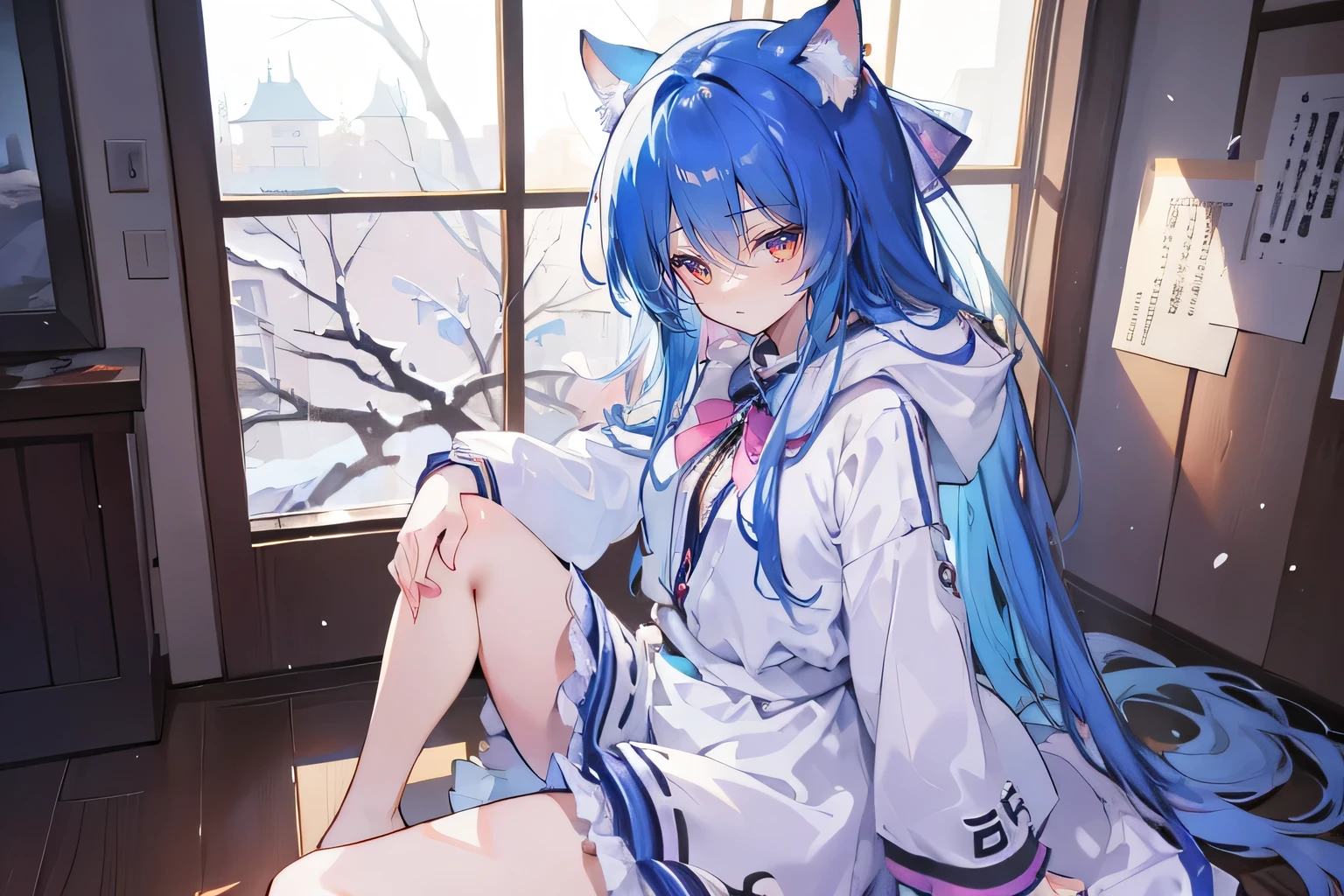（masterpiece：1.2），Super detailed，lifelike，Expressive eyes，fair skin，perfect face shape，1 girl，
Japanese comics,Gorgeous blue hair,flowing blue hair,flowing clothes,Cat ears,Petals fall,beautiful lola,Baby Angel,
Shaking head with one hand，Cross your legs，Gentle and peaceful background，The pavilion is cool and comfortable,smile, wearing hoodie, In front of the window,snowing