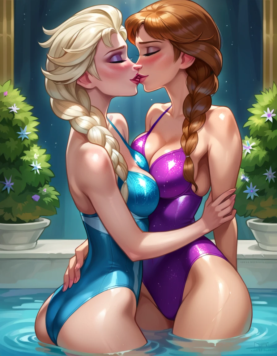 score_9, score_8_up, score_8_up, source_cartoon, detailed soft lighting, 2girls, (Elsa from Frozen, blonde hair, braids, sparkly ice blue swimsuit:1.6), (Anna from Frozen, brown hair, braided pigtails, purple swimsuit:1.4), yuri, girlfriends, lovers, cleavage, sexy swimsuits, Japanese bath, partially submerged, very detailed, beautiful eyes, beautiful face, beautiful lips, kissing, embracing, blush, (masterpiece, best quality, highly detailed, beautiful).