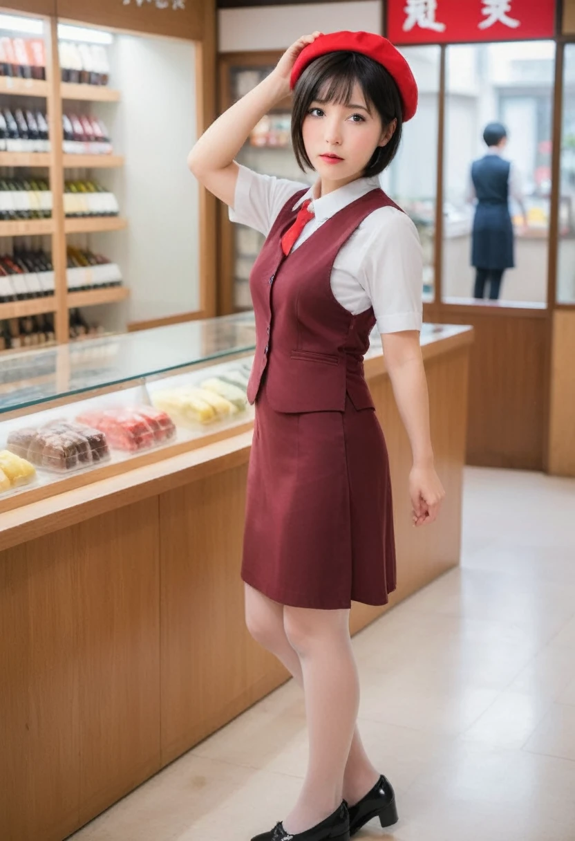 Mature woman in uniform,50 years old、Wine red beret、 Tight Skirt、Wine red vest、White shirt,Place your hands behind your head to expose your armpits、Face forward and squat on the floor with your legs slightly apart.、The face has a serious expression、Inside the Japanese sweets shop、Short Bob Cut、Black Hair、ｃcup、Feminine, slim, exposed thighs、Wearing flesh-colored stockings