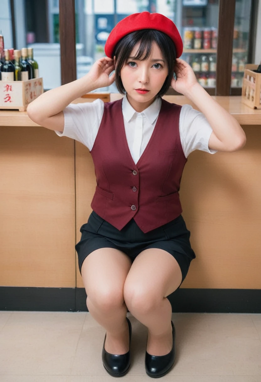 Mature woman in uniform,50 years old、Wine red beret、 Tight Skirt、Wine red vest、White shirt,Place your hands behind your head to expose your armpits、Face forward and squat on the floor with your legs slightly apart.、The face has a serious expression、Inside the Japanese sweets shop、Short Bob Cut、Black Hair、ｃcup、Feminine, slim, exposed thighs、Wearing flesh-colored stockings