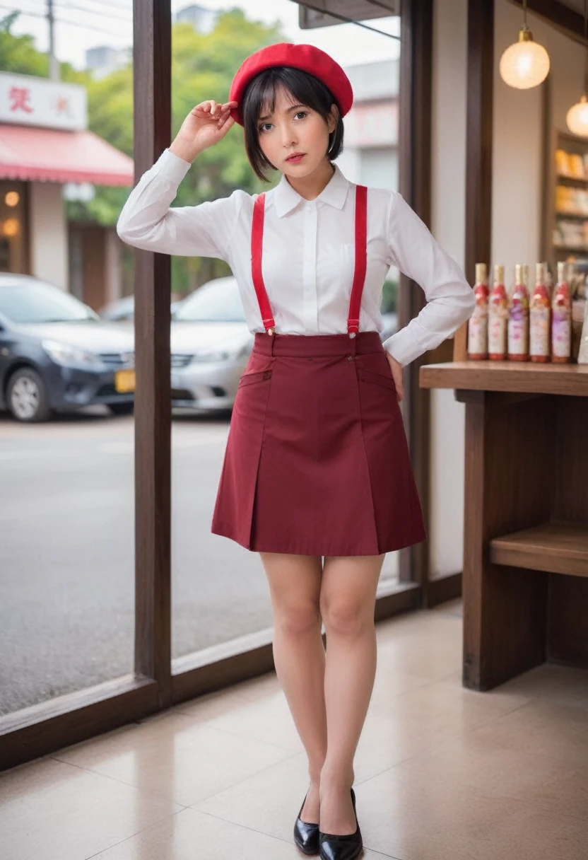 Mature woman in uniform,50 years old、Wine red beret、 Tight Skirt、Wine red vest、White shirt,Place your hands behind your head to expose your armpits、Face forward and squat on the floor with your legs slightly apart.、The face has a serious expression、Inside the Japanese sweets shop、Short Bob Cut、Black Hair、ｃcup、Feminine, slim, exposed thighs、Wearing flesh-colored stockings