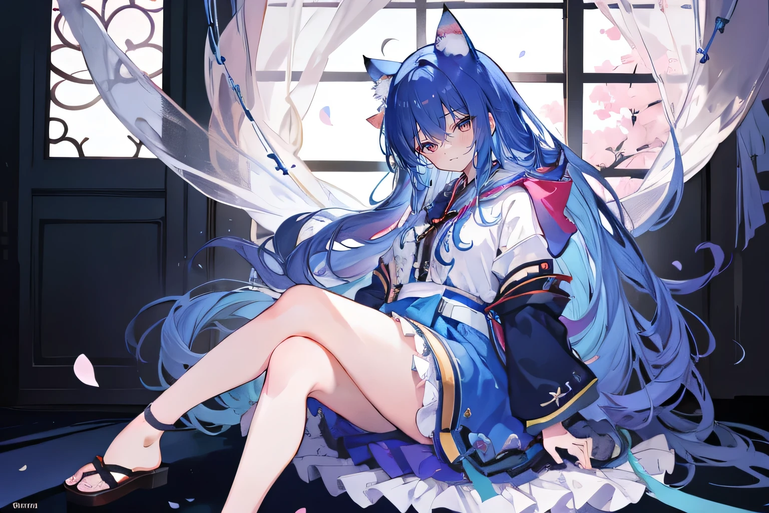 (masterpiece:1.2),Super detailed,lifelike,Expressive eyes,fair skin,perfect face shape,1 girl,
Japanese comics,Gorgeous blue hair,flowing blue hair,flowing clothes,Cat ears,Petals fall,beautiful lola,Baby Angel,
Shaking head with one hand,Cross your legs,Gentle and peaceful background,The pavilion is cool and comfortable,smile, wearing hoodie, In front of the window,snowing