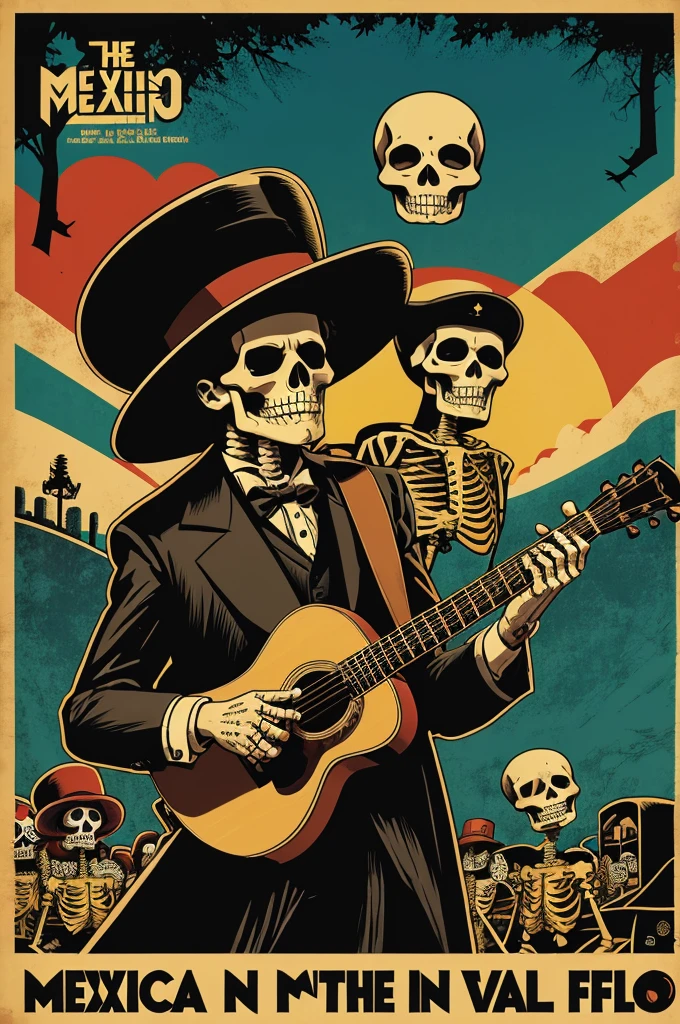 a poster for a mexican music festival with a skeleton in a gloomy hat, by Maximilian Cercha, Lt. Warren Mahy, by Meredith Dillman, artwork, por Tom Whalen, by Tim Biskup, by Santiago Martínez Delgado, only bartel, by Joe Mangrum, Martin then, illustrated poster, Day of the Dead!!