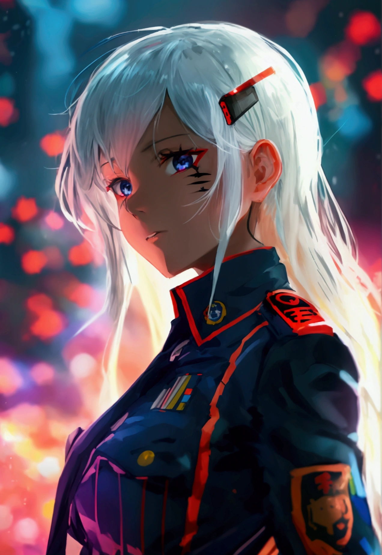 Anime is a military girl wearing a dark blue uniform with dark red elements. Black eyes, white long hair, and a scar on her neck.