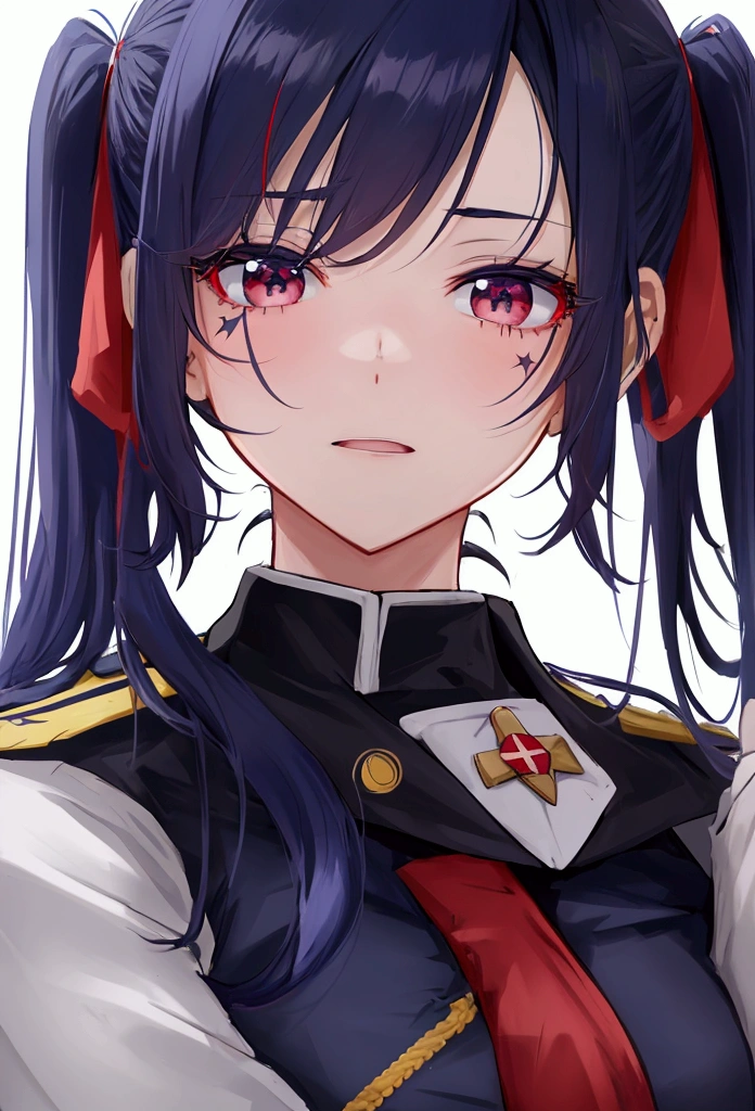 Anime is a military girl wearing a dark blue uniform with dark red elements. Black eyes, white long hair, and a scar on her neck.