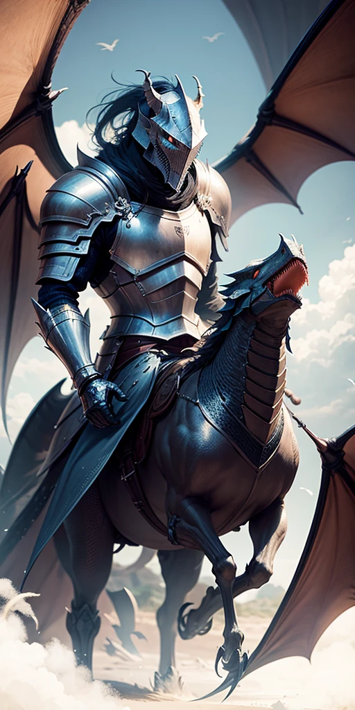 realistic mix fantasy, (masterpiece, high detail, best quality), knight riding a dragon, fire, speed