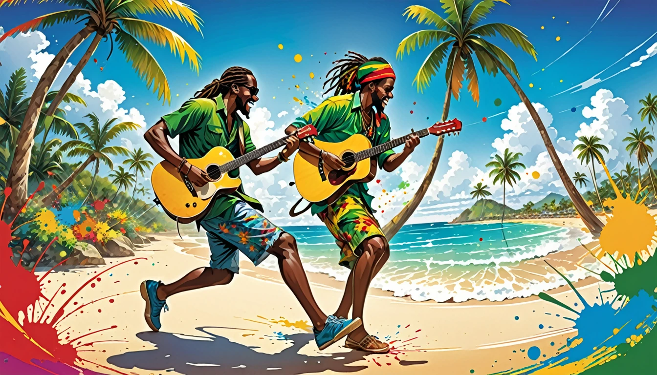 Vector art, Lots of Jamaican Reggae, Authentic Jamaican reggae music atmosphere,Color illustrations, in the center, Vibrant colors, Paint splatters and stains, High detail, Palm tree,Dancing,Man playing guitar in the distance,beach