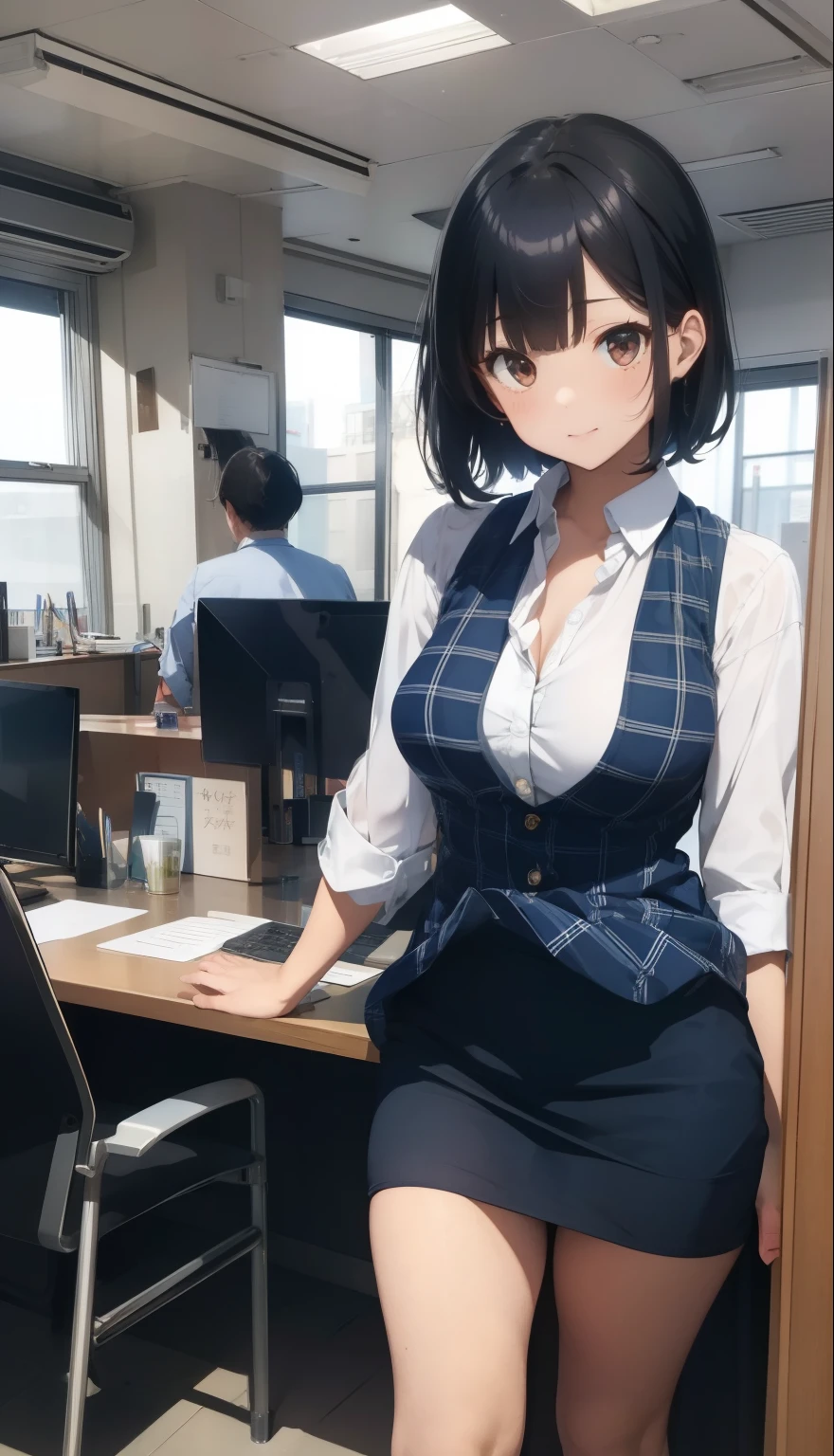 highest quality, Flying debris、Beautiful woman、officeレディー、Black Hair、(Brown eyes、Big Breasts、Blunt bangs)、short hair、チェック柄のダークブルーのofficeスーツ)、new employee,Full Body Shot、Female office lady、break(Dark blue checked vest、White dress shirt、Navy blue long tight pencil skirt:1.2)、(Black Knee High、High heels)、break(office:1.3)、Cleavage