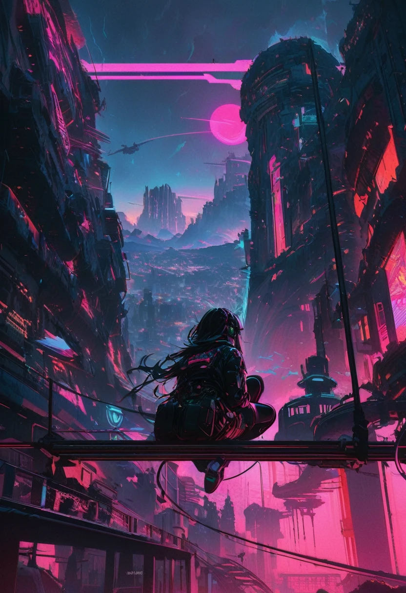 From behind, Highest quality, Super quality, 16K, Incredibly absurd, Very detailed, Two high rise buildings, Back view of a woman sitting on a trapeze, Wind, Wind-effect, moonlit nightscape, (Nice views:1.1) , cyber punk, steampunk, Dieselpunk, Clockpunk, artwork, Mixture Art, Blended Art, Design Art、Main colorBlack