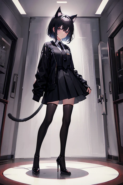 Black Hair，Black clothing，Cat ear，Girl，Poker face，tie，Standing，whole body，Black high heels