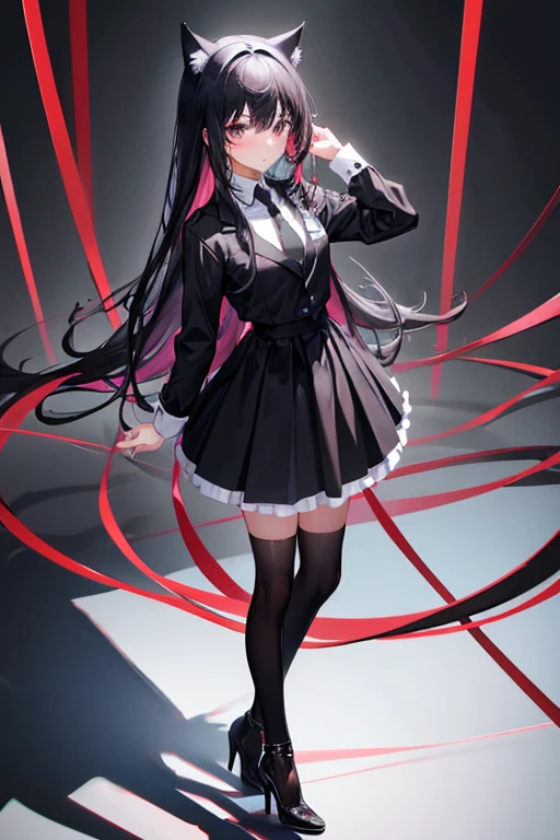 Black Hair，Black clothing，Cat ear，Girl，Poker face，tie，Standing，whole body，Black high heels