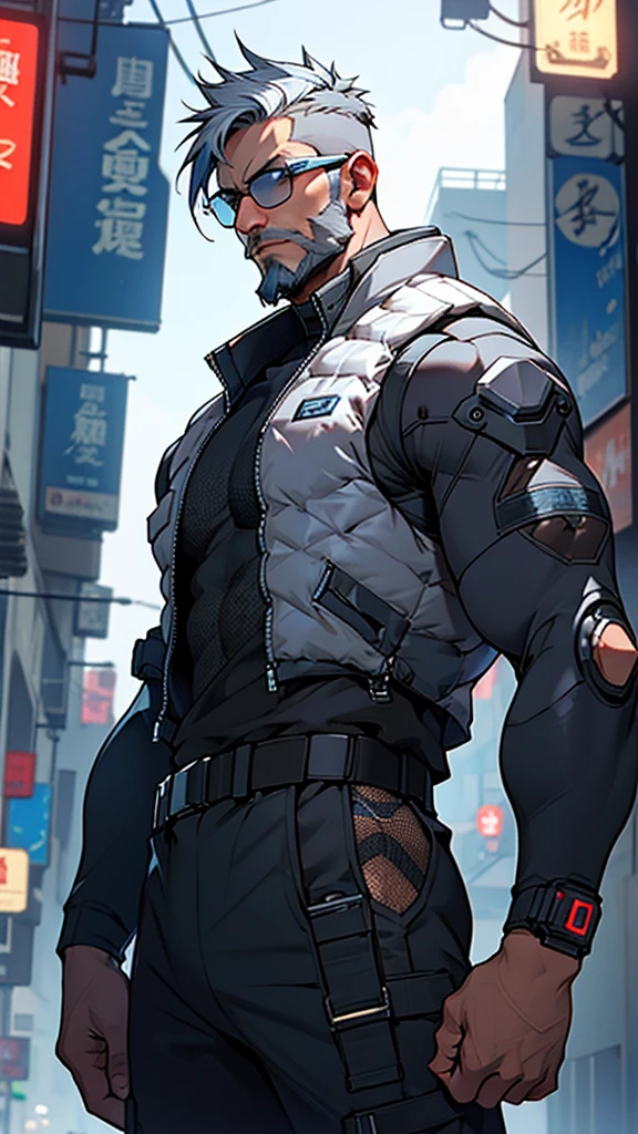 Grey and blue mesh short hair、Glasses、male、Tactical Vest、whole body、cyber punk、View here、front、beard、whole body傷跡