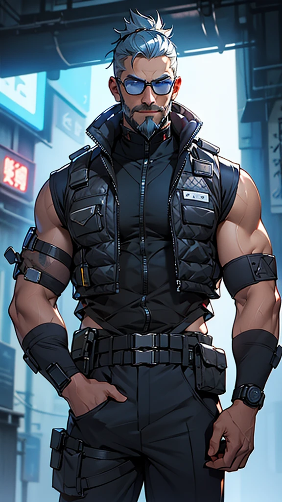 Grey and blue mesh short hair、Glasses、male、Tactical Vest、whole body、cyber punk、View here、front、beard、whole body傷跡