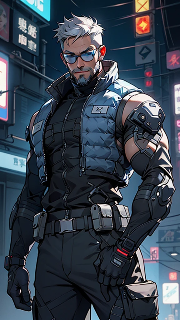 Grey and blue mesh short hair、Glasses、male、Tactical Vest、whole body、cyber punk、View here、front、beard、whole body傷跡