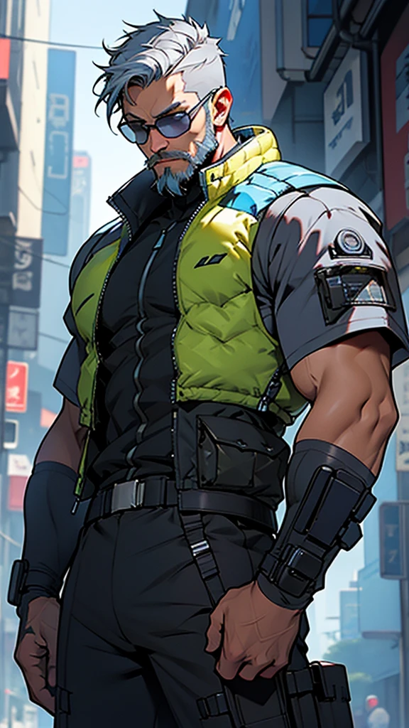 Grey and blue mesh short hair、Glasses、male、Tactical Vest、whole body、cyber punk、View here、front、beard、whole body傷跡