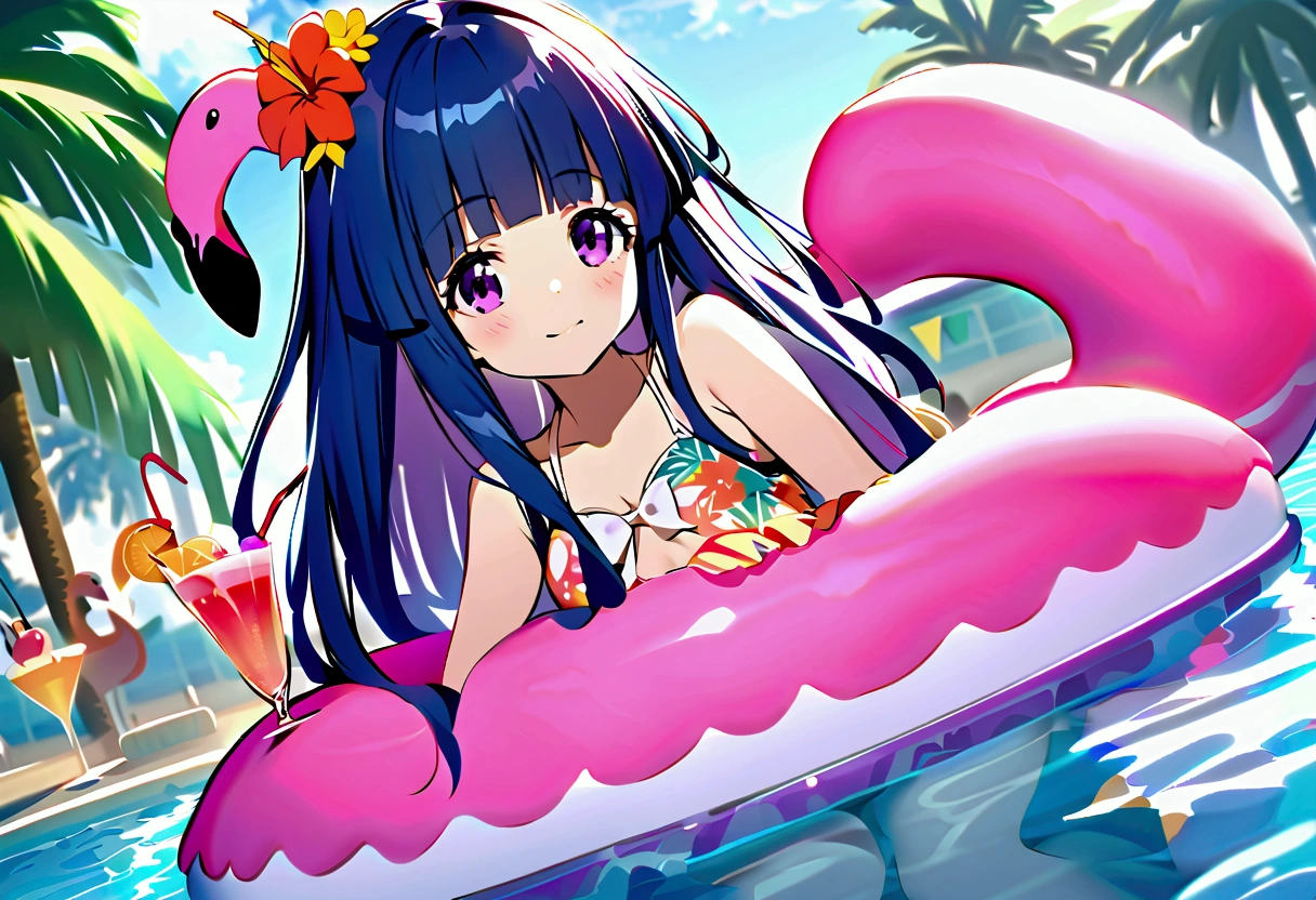 furude rika, Blue Hair, Purple eyes, Long Hair, blunt bangs, bangs, (Pool Party), Tropical print swimsuit, Flamingo float, Tropical Pool, Palm tree, Colorful cocktails, Summer Accessories, Festival Feeling, Mist effect, Glitter