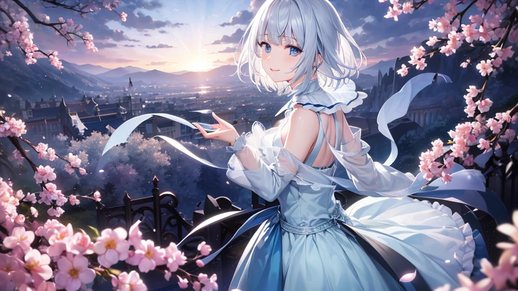 Ultra HD,Look at the viewers, Put your hands behind your back, With a girl, 20-year-old, 非常にShort Hair, Long bangs between the eyes, Pale blue eyes, Very detailed,(masterpiece、Highest quality),Gray Hair、Laughter、Fantastic, Silver Hair, Iris, Short hair、 Fluttering Hair、Small Face、明るいsmile、(Detailed face) ,Professional Lighting,Wonderful landscape,blue sky, sunlight,Looking down from above,Portraiture、Open your mouth、Flower Field、Her eyes were shining、Mysterious and enchanting atmosphere。With AI Painting、とてもShort Hair, Long bangs between the eyes, Very detailed,(masterpiece、Highest quality)、alone、Gray Hair、Fantasy, Silver Hair, Fantasyな風景、White shirt、smile、Open your mouth、short hair、Short Hair、hairpin、black eye、Grey Eyes、Beautiful Eyes、