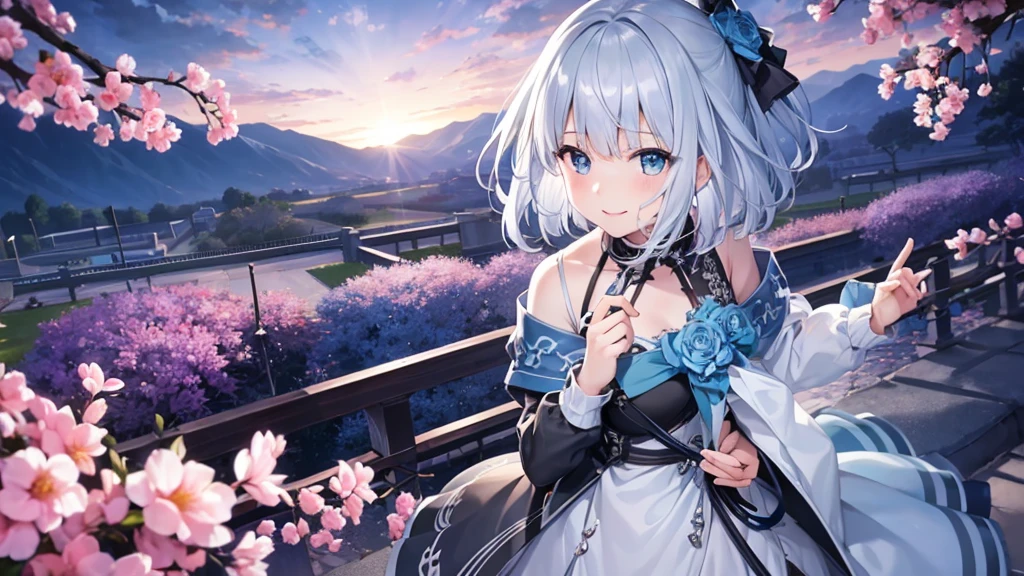 Ultra HD,Look at the viewers, Put your hands behind your back, With a girl, 20-year-old, 非常にShort Hair, Long bangs between the eyes, Pale blue eyes, Very detailed,(masterpiece、Highest quality),Gray Hair、Laughter、Fantastic, Silver Hair, Iris, Short hair、 Fluttering Hair、Small Face、明るいsmile、(Detailed face) ,Professional Lighting,Wonderful landscape,blue sky, sunlight,Looking down from above,Portraiture、Open your mouth、Flower Field、Her eyes were shining、Mysterious and enchanting atmosphere。With AI Painting、とてもShort Hair, Long bangs between the eyes, Very detailed,(masterpiece、Highest quality)、alone、Gray Hair、Fantasy, Silver Hair, Fantasyな風景、White shirt、smile、Open your mouth、short hair、Short Hair、hairpin、black eye、Grey Eyes、Beautiful Eyes、
