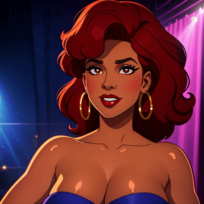 Create a close-up face portrait of a fictional 1970s African-American female R&B superstar named Ruby Roux. She has vibrant red curly hair, expressive brown eyes, and a radiant smile. Ruby wears bold makeup typical of the 1970s, including dramatic eyeliner and red lipstick. She is adorned with large hoop earrings and a glittery outfit that reflects the flashy style of the era. The background should feature a blurred colorful stage with vintage lights, adding to the retro and glamorous atmosphere. cinematic action, cinematic lighting, backlighting, masterpiece, anatomically correct, textured skin, super detail, 8k atmospheric perspective, depth of field,