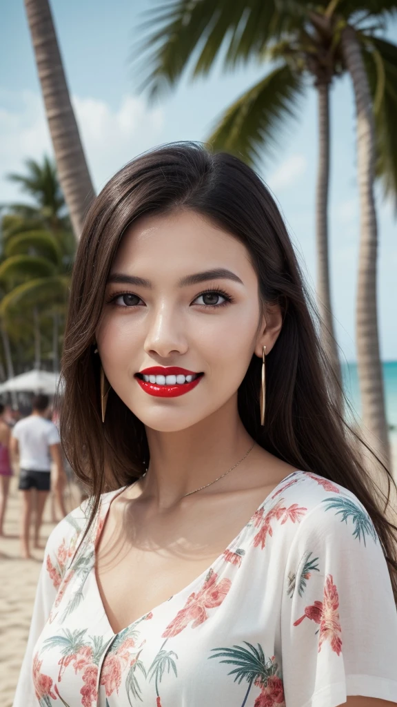 alone, whole body,Earrings, eyelash, pantyhose,, (Beach,(Palm tree),crowd,(White shirt), Floral print,Red lips),Sexy and provocative smile,, (Shiny skin:1.05),(blush:0.9),(Skin Dentition:1.15),Realistic, masterpiece, Highest quality, High resolution,Absurd, (Perfect Face:1.1), (Sharp focus:1.1),,  Trending on Art Station, Trending on CGSociety, Complex, High detail, Sharp focus, dramatic,