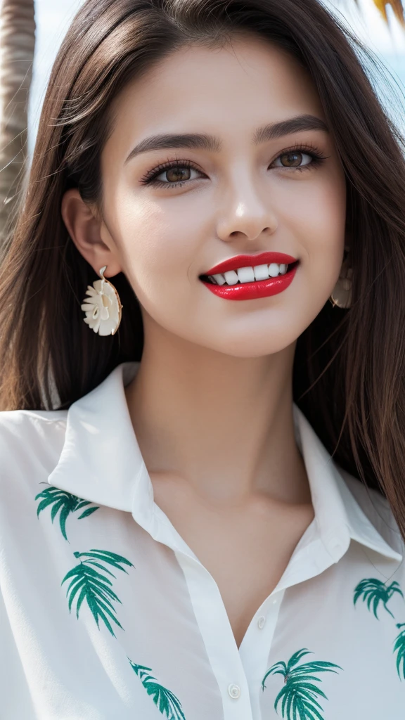 alone, whole body,Earrings, eyelash, pantyhose,, (Beach,(Palm tree),crowd,(White shirt), Floral print,Red lips),Sexy and provocative smile,, (Shiny skin:1.05),(blush:0.9),(Skin Dentition:1.15),Realistic, masterpiece, Highest quality, High resolution,Absurd, (Perfect Face:1.1), (Sharp focus:1.1),, Trending on Art Station, Trending on CGSociety, Complex, High detail, Sharp focus, dramatic,