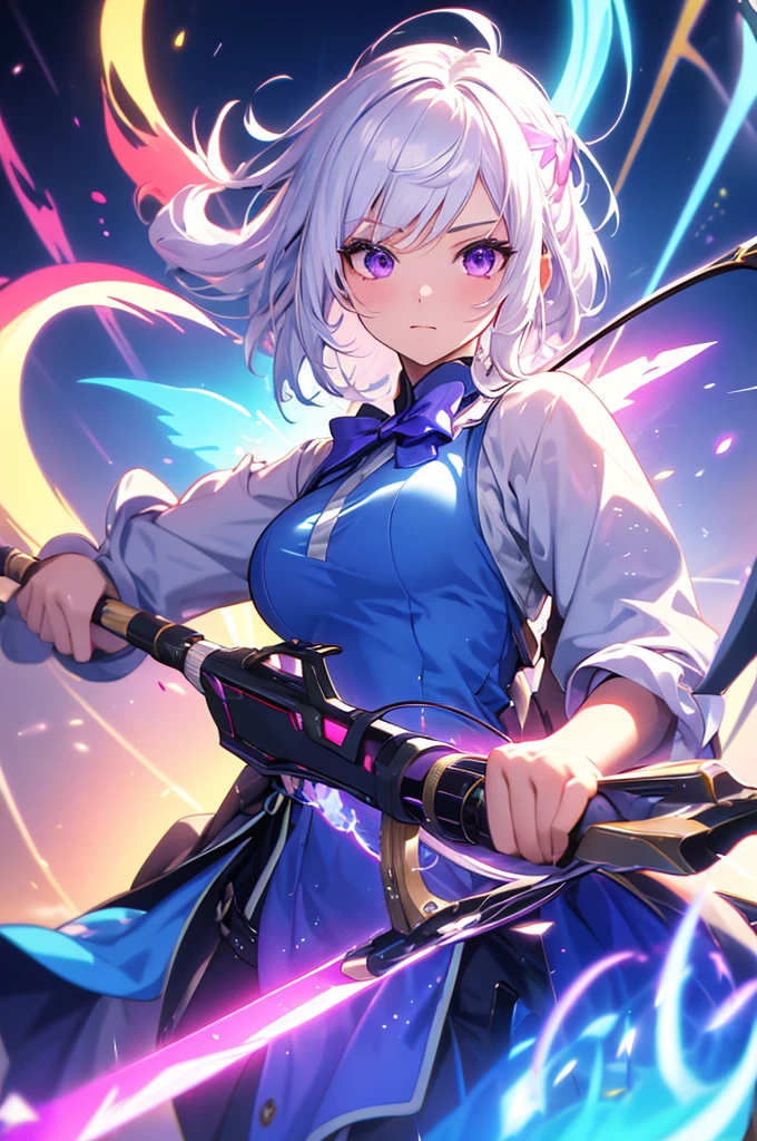 (masterpiece, best quality, chromatic aberration), colorful, 1girl, white hair, purple eyes, bow, wielding bow, archery, blue flames, glow, glowing weapon, light particles,