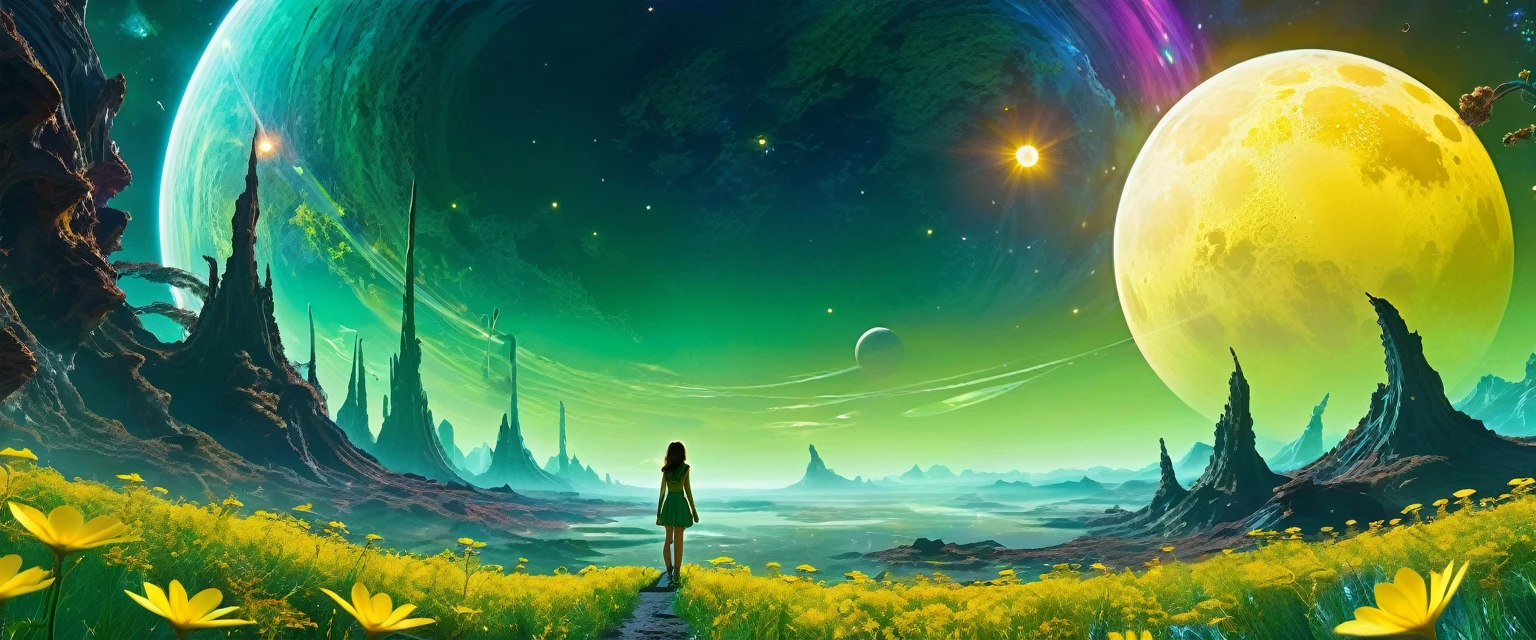 "A young girl with a sense of wonder explores an alien planet with vibrant chrome vegetation. The surreal landscape and flora create a stunning juxtaposition in a space-age paradise. green meadows and yellow flowers, stars and nebulas, a golden moon,