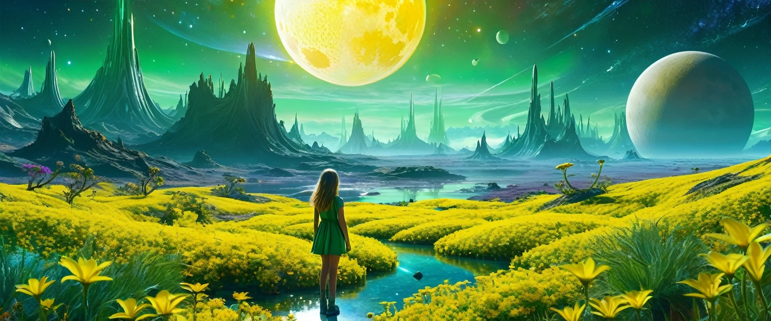 "A young girl with a sense of wonder explores an alien planet with vibrant chrome vegetation. The surreal landscape and flora create a stunning juxtaposition in a space-age paradise. green meadows and yellow flowers, stars and nebulas, a golden moon,