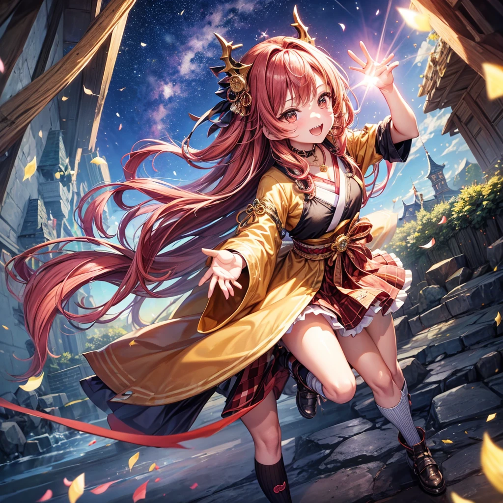 Pink, red, brown, gold, gold hair、Red gold eyes、Hair tied up、One good looking girl、solo、anime、Checkered mini skirt、Ruffles on the skirt、Checked dress、blouse、Kimono、Black knee-high socks、Ribbon、Ribbon on waist、Teeth are visible、Sparkly Necklace、From above、Cobblestones、waterfall、Starry Sky、Midnight Moon、suspension bridge、beam、Standing still、Transparent、Dragon flying、goddess、Edo、Confetti、Kicking、Arranging stones、Uphill、An old castle built on a rocky mountain