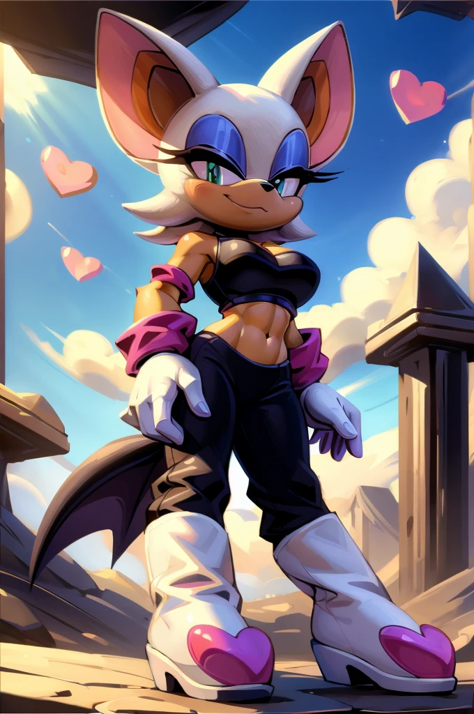 ((best quality)), ((masterpiece)), (detailed), a digital artwork of rouge the bat with abs wearing a crop top of her default bodysuit with pink heart,black pants, white gloves, white boots,  a tan bare midriff and a bare navel, ((trending on artstation)), ((4k)), furry, anthro style, 2d style, smug face,