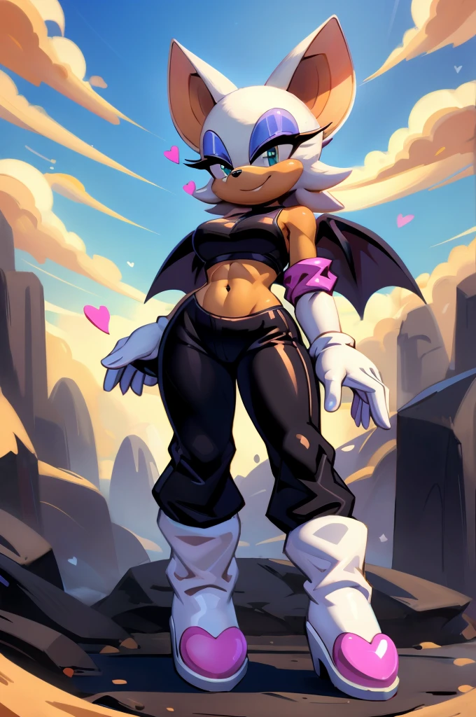 ((best quality)), ((masterpiece)), (detailed), a digital artwork of rouge the bat with abs wearing a crop top of her default bodysuit with pink heart,black pants, white gloves, white boots, a tan bare midriff and a bare navel, ((trending on artstation)), ((4k)), furry, anthro style, 2d style, smug face,
