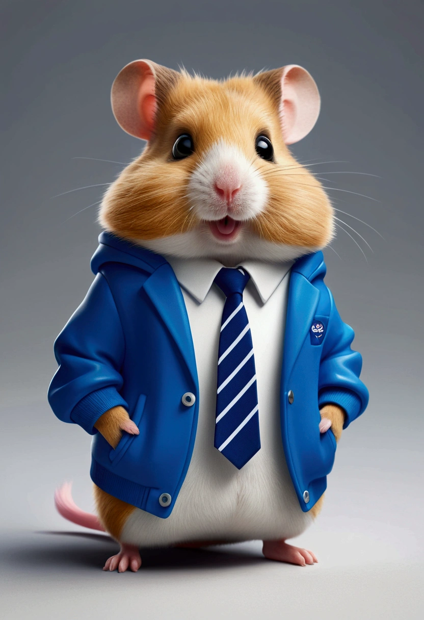 Cartoon hamster wearing blue jacket and sneakers and a long tie, city blurred background, cute cartoon character, hamster, cute character,, Realistic illustration, cute artwork, high detailed cartoon, Lovely detailed artwork, hamster, arte renderizada, hyperdetailed crisp render, cgartis