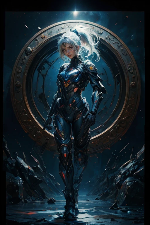 CG Mecha, Beautiful Eyes, ((Two people))、Upper Body, （Mechanic Armor）, Portraiture,jet suit、fly in the sky、patrol、 Police Officer、perfection、Neon Light, 8K, born, Highest quality, Tabletop, Ultra-high resolution, colorful, (medium wide shot), (Dynamic Perspective), Sharp focus , (Depth of written boundary, Bokeh:1.3), Highly detailed eyes and face,Ninja Artist, Beautiful attention to detail、iron, Trim Gear:1.2), ((Tabletop, Highest quality)), Detailed Background, Inside the spaceship、Grab your weapon、（Gray Hair）、blue eyes、ponytail、born物発光、Crescent Moon、Fantasy,masterpiece,Plug in、spectrum、confusion、Large robots、kaleidoscope