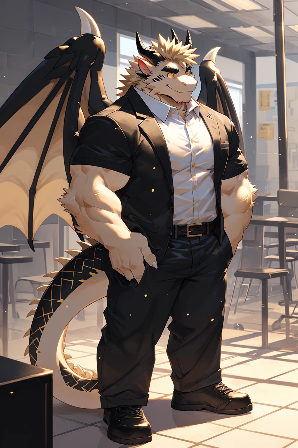 (sfw:1.5), male focus, security guard, Handsome 1boy, solitary,protrait photo, single, (Black eyebrows:1.4), (White nails, White Paws:1.4), (Light blond hair:1.5), (Black and gold dragon wings, Huge black and gold dragon wings:1.3), Black and gold skin, (Black and gold tail:1.4), (Black horn, Black curved corners:1.4), (Black body:1.4), (All black:1.4), (Pale blond chin, Pale golden neck:1.4), Pale golden chest, Light blond chest hair, (perfect golden eyes:1.4), (Black and gold scales:1.3), (Black Hands, Black Hands背, Black Hands指:1.4), (Black forehead, Black head:1.4),
Western Dragon, dragon, dragon boy, dragon body, feet, (big eyes, large eyes:1.4), (Chubby face, The body is huge, Larger face:1.3),
(Black short sleeve, White short-sleeved shirt, Black pants, Black short shoes, Black leather belt:1.4),
(full body:1.3), (Mature men:1.4), (Strong body, muscle,Strong male:1.3), (Thick arms:1.3), (Standing:1.4), (Looking at the audience, Focus, Eyes gaze:1.2), (Smile:1.4),
full background,ground, Blue sky, White Cloud, ground, School, School大门, security guard亭,
, Mysterious and romantic atmosphere, Caustic lines(refraction, polarization)Perfect anatomical structure, absurd, Detailed background, (Delicate eyes:1.3),Printing style。((artist:Takemoto Arashi))