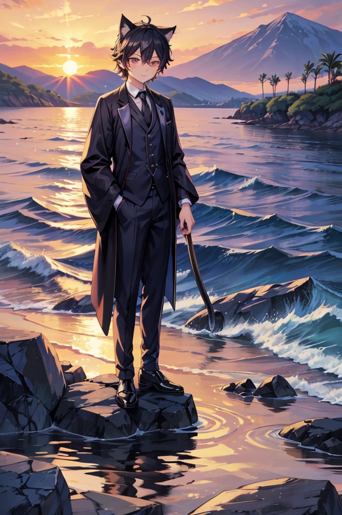 An animation character wearing a suit and tie standing in front of the water, inspired by Okumura Togyu, ((Dressed in aristocratic robes)), Neferpitu, vrchat, Boy with cat ears and tail, Sora like a cat, with sunset, inspired by Okumura Masanobu, ((sunset)), silver eyes full body