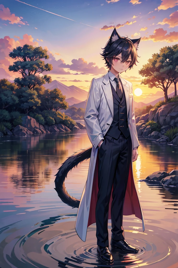 An animation character wearing a suit and tie standing in front of the water, inspired by Okumura Togyu, ((Dressed in aristocratic robes)), Neferpitu, vrchat, Boy with cat ears and tail, Sora like a cat, with sunset, inspired by Okumura Masanobu, ((sunset)), silver eyes full body