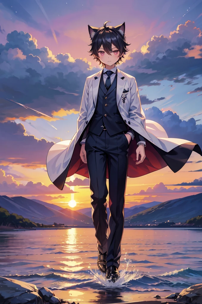 An animation character wearing a suit and tie standing in front of the water, inspired by Okumura Togyu, ((Dressed in aristocratic robes)), Neferpitu, vrchat, Boy with cat ears and tail, Sora like a cat, with sunset, inspired by Okumura Masanobu, ((sunset)), silver eyes full body