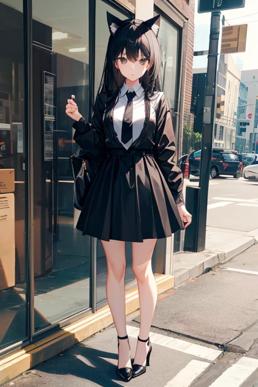Black Hair,Black clothing,Cat ear,Girl,Poker face,tie,Standing,whole body,Black high heels