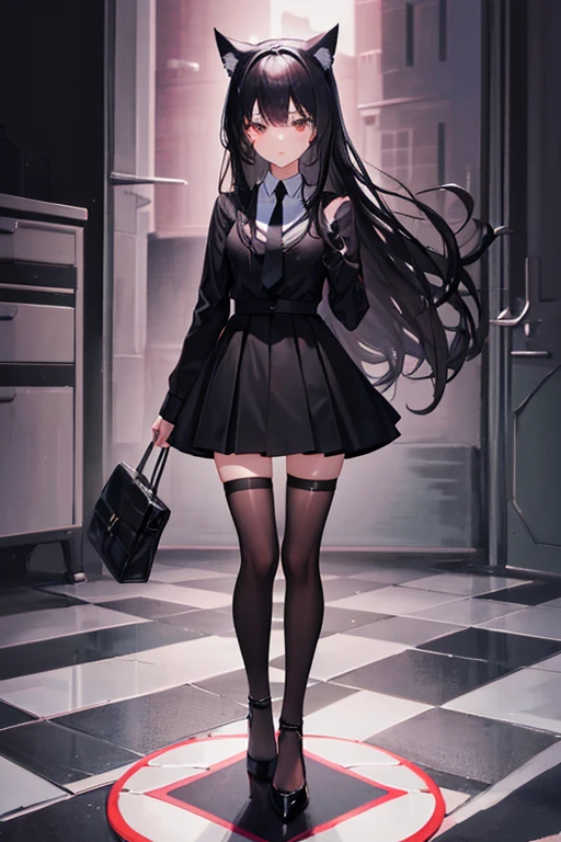 Black Hair,Black clothing,Cat ear,Girl,Poker face,tie,Standing,whole body,Black high heels