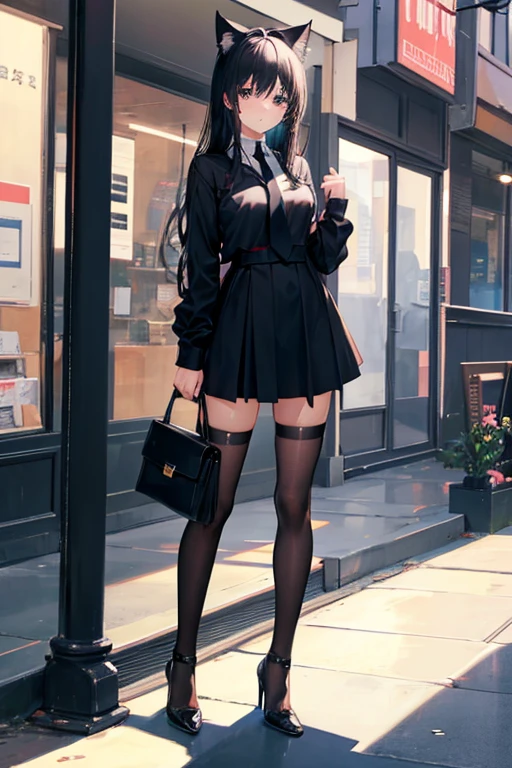 Black Hair,Black clothing,Cat ear,Girl,Poker face,tie,Standing,whole body,Black high heels