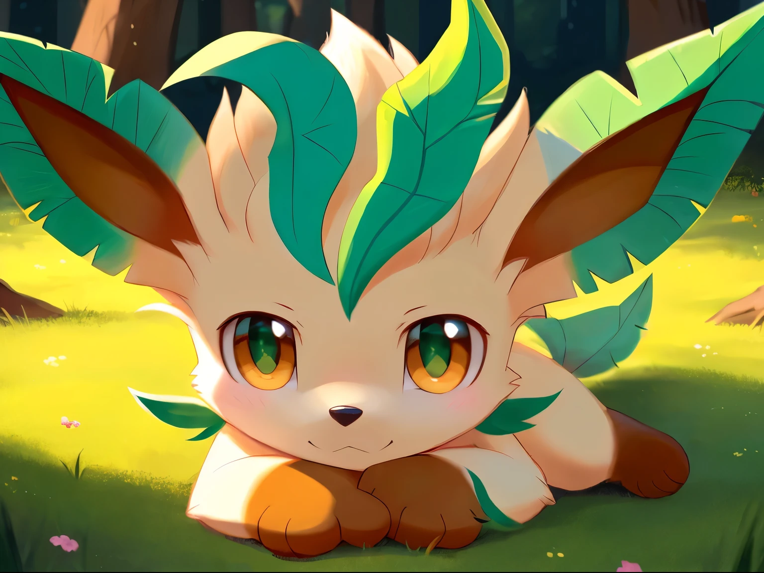 forest, (chibi) ((Leafeon)), [[yellow_body, Sharp_tail，Light green hair]], (((quadruped, feral, canid, canine))), hind_limbs, (pink_pawpads:1.2), (animal_legs, animal_hand:1.2) solo, looking_at_viewer spread_legs, on_back best_quality, hi_res, masterpiece, absurd_res Highly_detailed, 4k, high_detail, detailed_background uploaded_on_e621, (by_nettsuu:1.2), (by_Ancesra:0.6),
