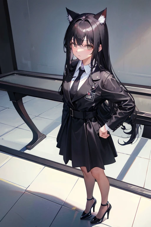 Black Hair,Black clothing,Cat ear,Girl,Poker face,tie,Standing,whole body,Black high heels